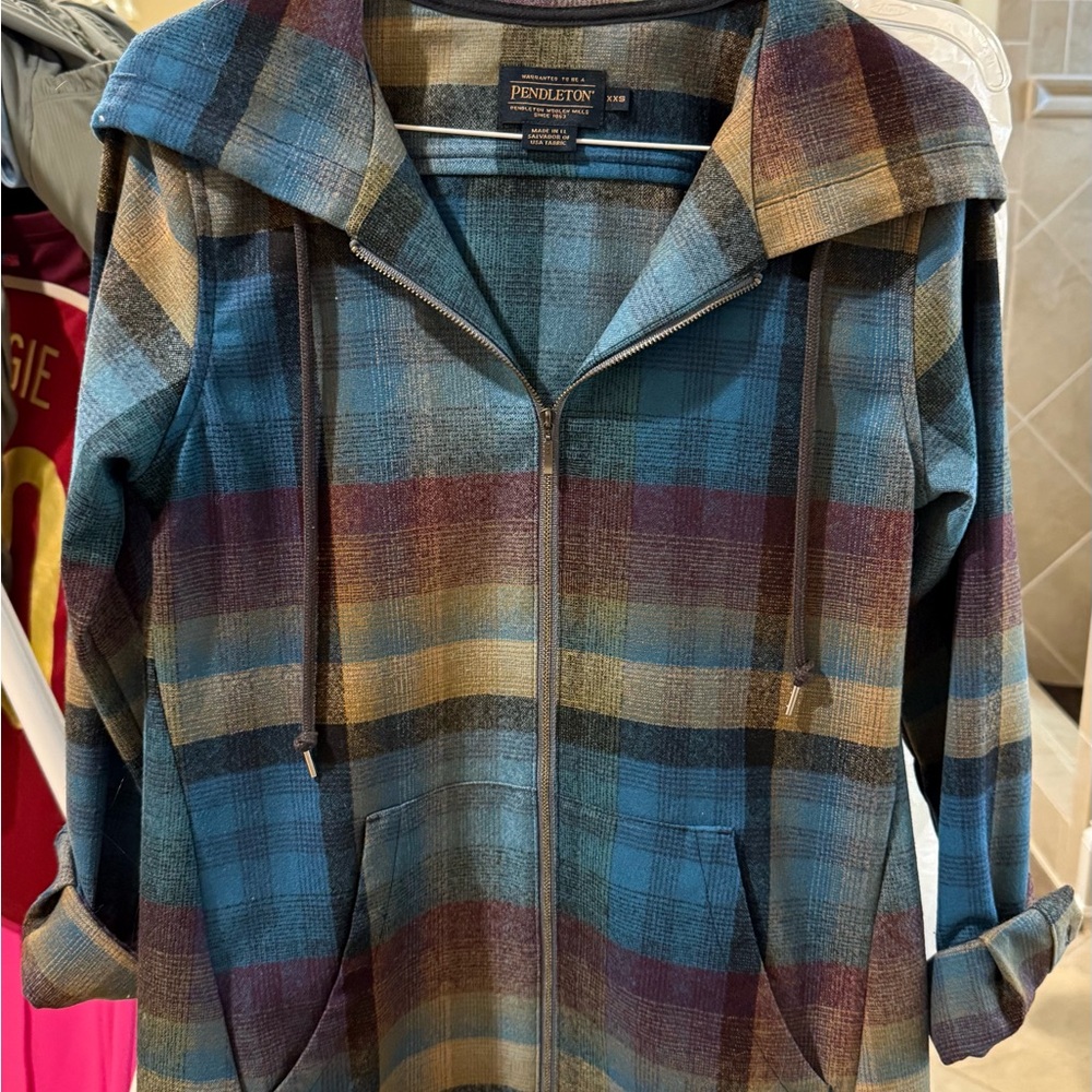 Pendleton Plaid Hooded Jacket Wool Blend Zip Up Blue Teal Burgundy XXS - Picture 2 of 10